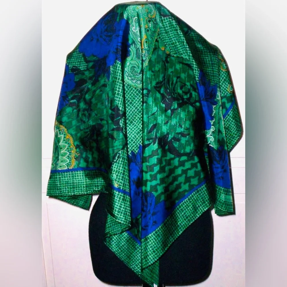 Christian Dior Autumn Green Hues Violet Floral Paisley Silk Scarf EUC